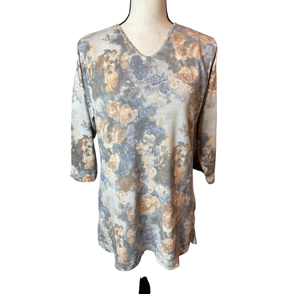 Gabriella T. Italy Floral Knit Tunic Top Blue Tan V-Neck 3/4 Sleeve A10974 M